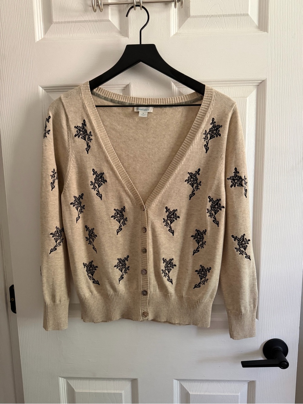 Sundance Beige Cardigan with Black Floral Embroidery